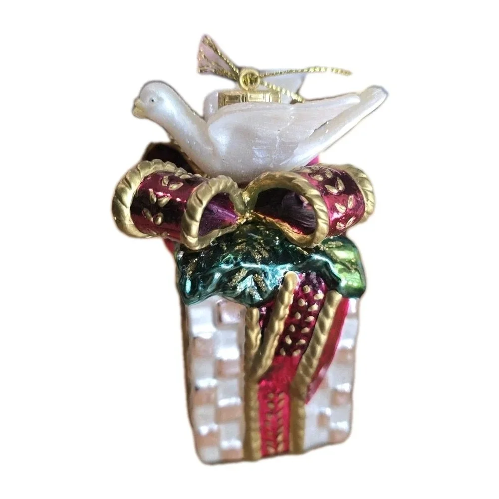 NIB Fitz & Floyd Gift Box Dove Glass Christmas Ornament Bow Cottagecore VTG INSP